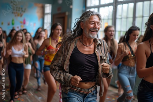 Smiling Man Leading Group of Young Adults in a Dance Class © fotofabrika