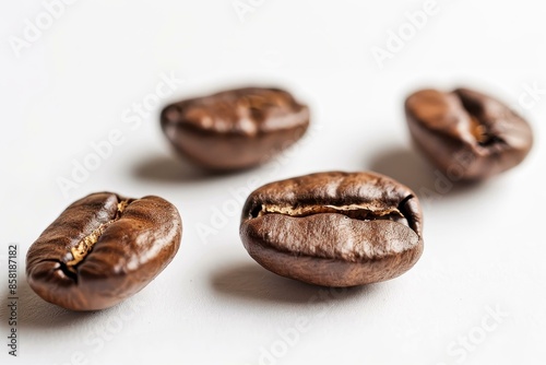 A macro photograph capturing dark roasted coffee beans arranged on a pristine white background, showcasing their texture and details.