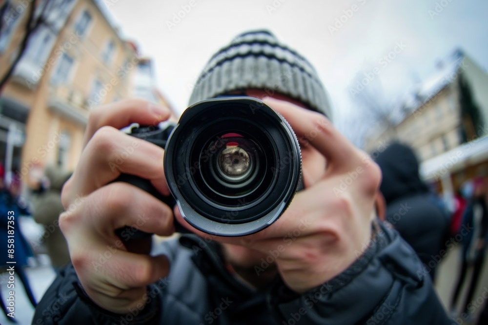 Viewed through the fish eye lens, the enthusiastic photographer's interactions with his camera create a dramatic close-up that underscores his creative energy and skill Viewed through the fish eye lens, the enthusiastic photographer's interactions with his camera create a dramatic close-up that underscores his creative energy and skill