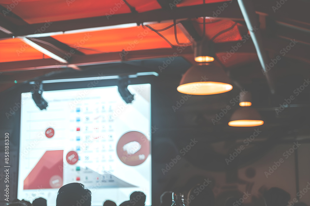 Obraz premium Business presentation in a dimly lit conference room with people watching a large screen