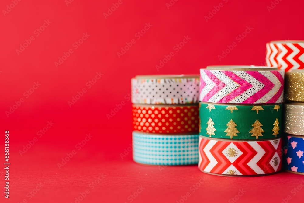 Obraz premium colorful rolls of washi tape, stacked haphazardly against a bright red background
