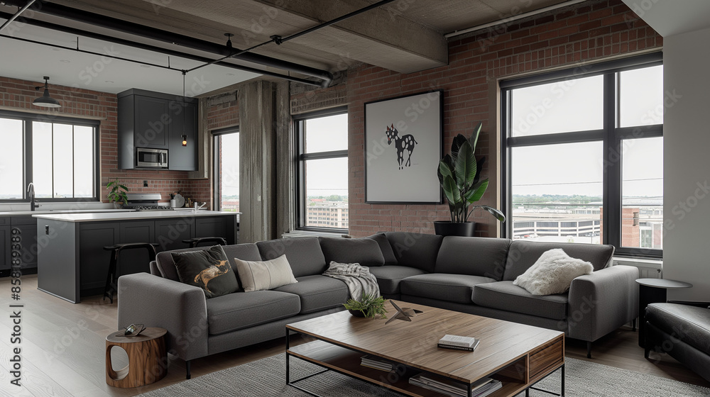 Fototapeta premium Industrial loft living room Frame Mockup | Gray sectional sofa with cushions | Wooden coffee table with decor | Black kitchen cabinetry with island | Exposed brick walls and large windows | 