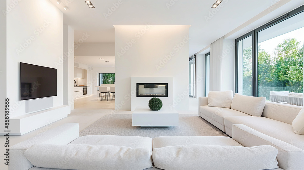 Minimalist living room | White sectional sofa with cushions | Modern fireplace with white surround | Wall-mounted TV | White coffee table with plant | Large floor-to-ceiling windows | Open kitchen and Minimalist living room | White sectional sofa with cushions | Modern fireplace with white surround | Wall-mounted TV | White coffee table with plant | Large floor-to-ceiling windows | Open kitchen and
