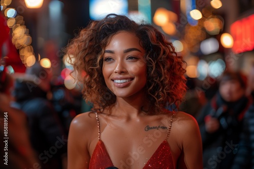 Woman With Curly Hair Smiles During Nighttime Event
