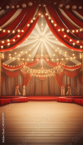 3d circus stage podium with red curtain and vintage spotlight for carnival show performance