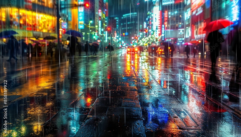 Obraz premium Dynamic City in Heavy Rain with Reflective Ground and Moving Umbrellas - AI generated digital art
