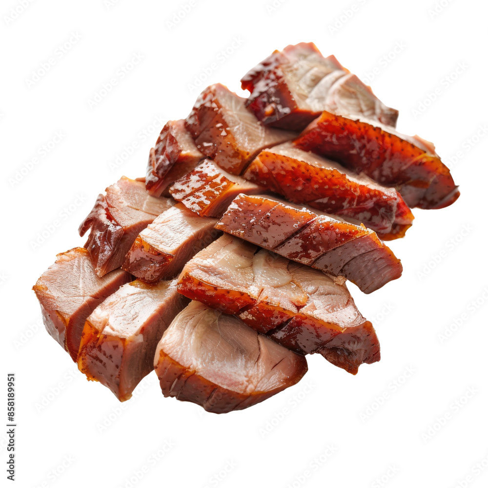 Sliced roasted duck isolated on white background, showcasing tender and succulent meat. Perfect for food advertisements or menu design.