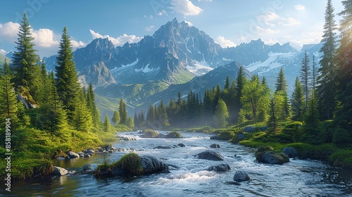 A peaceful, scenic illustration of a mountain landscape with a flowing river, pine trees, and a clear blue sky, evoking a sense of adventure and natural beauty. Illustration, Minimalism, © DARIKA