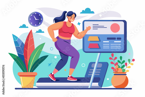 A woman is exercising on a treadmill while facing a screen. A woman is working out on a treadmill and watching a screen. She seems engaged. It looks like shes enjoying her exercise routine
