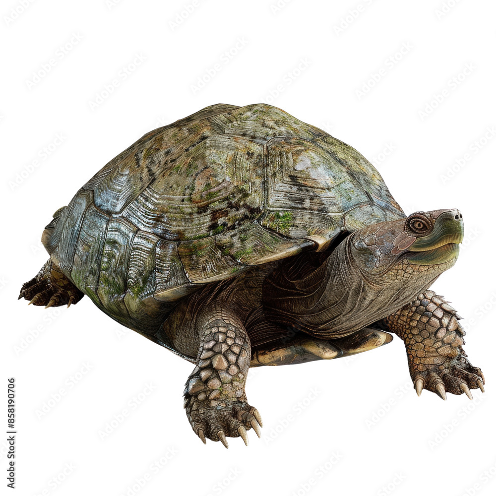 Obraz premium Close-up image of a turtle with a textured shell and detailed features, isolated on a white background.