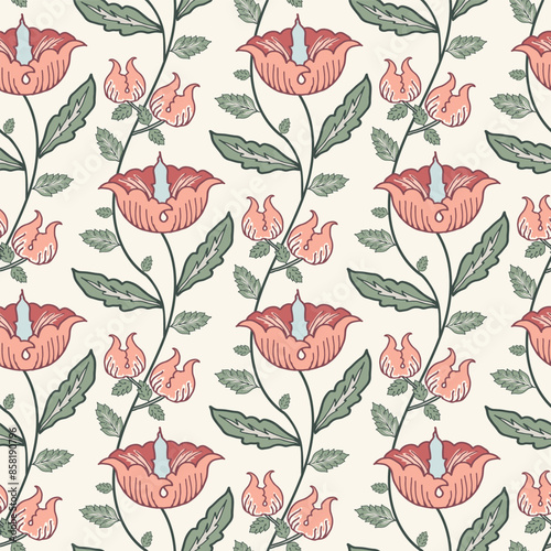 Trailing florals vintage style vector seamless pattern background. Indian florals style stylized flowers and trailing foliage. Hand-drawn pink and green botanicals for wedding, garden blog, summer