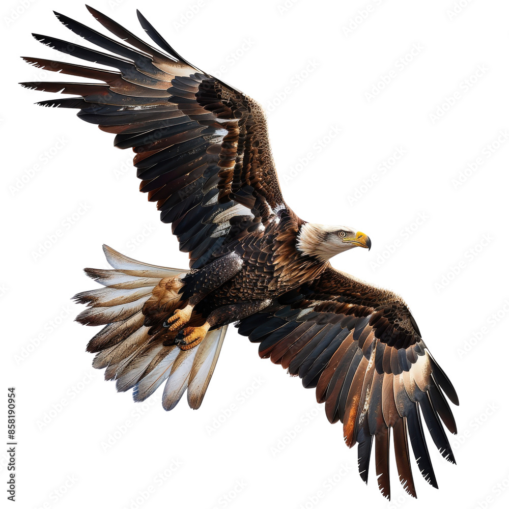 Obraz premium A majestic eagle soaring through the sky with its wings fully spread, showcasing detailed feather patterns and powerful grace.