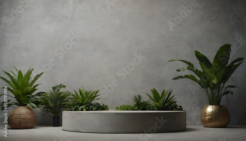 CONCRETE STONE PODIUM WITH TROPICAL FOLIAGE