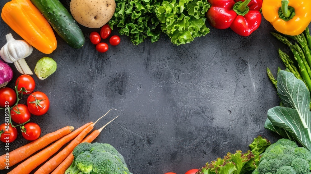 Fresh Vegetables Arranged Around Empty Space on Black Background Fresh Vegetables Arranged Around Empty Space on Black Background