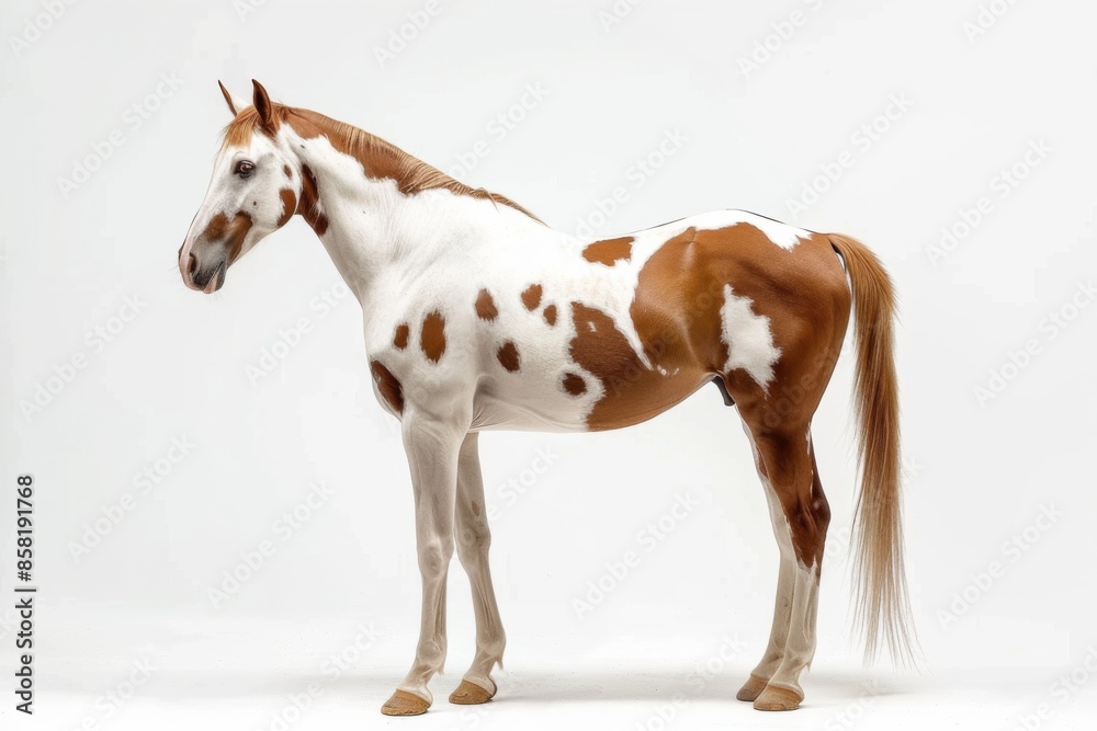 the beside view Paint Horse standing, left side view, white copy space on right isolated on white background the beside view Paint Horse standing, left side view, white copy space on right isolated on white background
