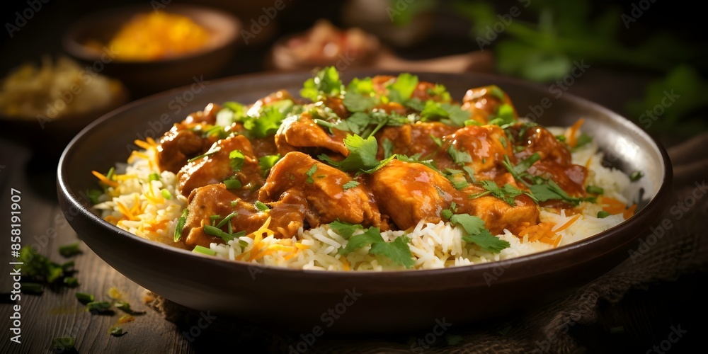 Indian chicken curry with basmati rice and fresh cilantro on rustic plate. Concept Indian cuisine, Chicken curry, Basmati rice, Fresh cilantro, Rustic plate Indian chicken curry with basmati rice and fresh cilantro on rustic plate. Concept Indian cuisine, Chicken curry, Basmati rice, Fresh cilantro, Rustic plate