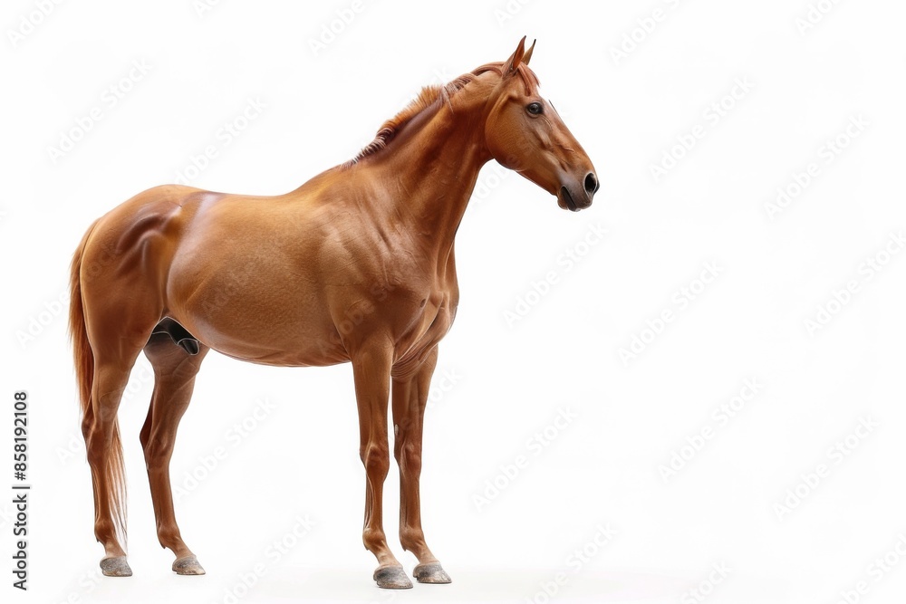 the beside view Thoroughbred Horse standing, left side view, white copy space on right isolated on white background