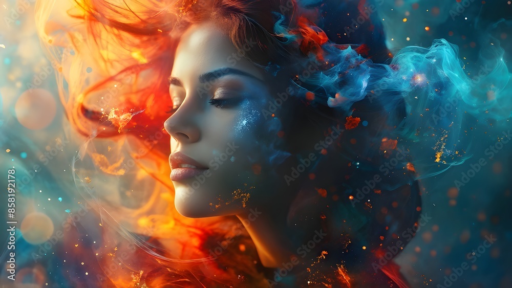 Abstract portrait of a woman, double exposure with colorful digital paint. Generative AI Abstract portrait of a woman, double exposure with colorful digital paint. Generative AI