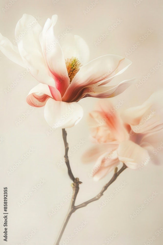 A beautiful magnolia flower in soft pink and cream colors, with delicate petals and a simple background A beautiful magnolia flower in soft pink and cream colors, with delicate petals and a simple background