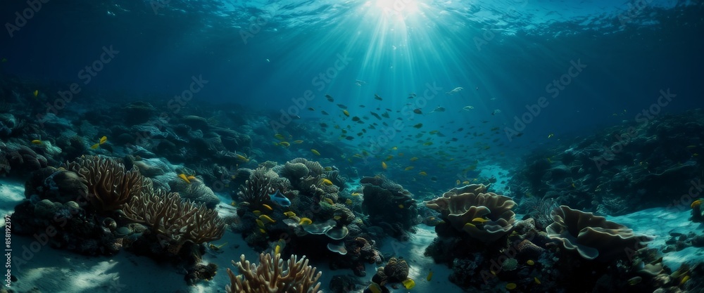 Naklejka premium Underwater photograph sunlight filtering through the surface vib