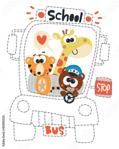 School bus embroidery with cute animals, Happy cartoon bear, tiger and giraffe riding on a school bus isolated on white background illustration vector.
