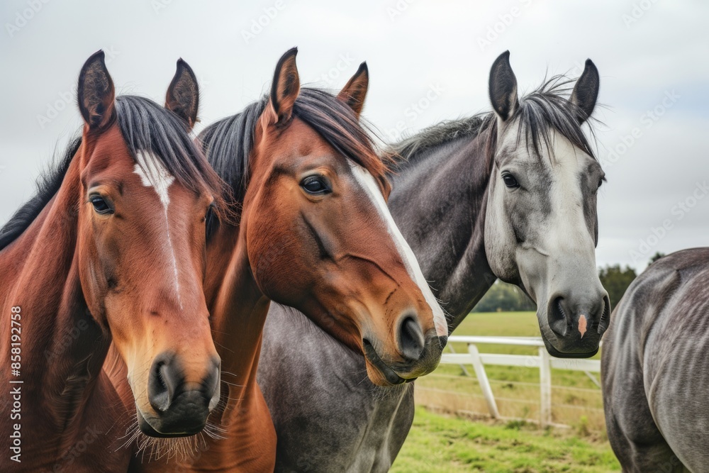Obraz premium View from beside body of a three Thoroughbred Horse standing on grass, Awe-inspiring, Full body shot ::2 low Angle View