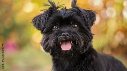 A black dog with a tongue sticking out is smiling,