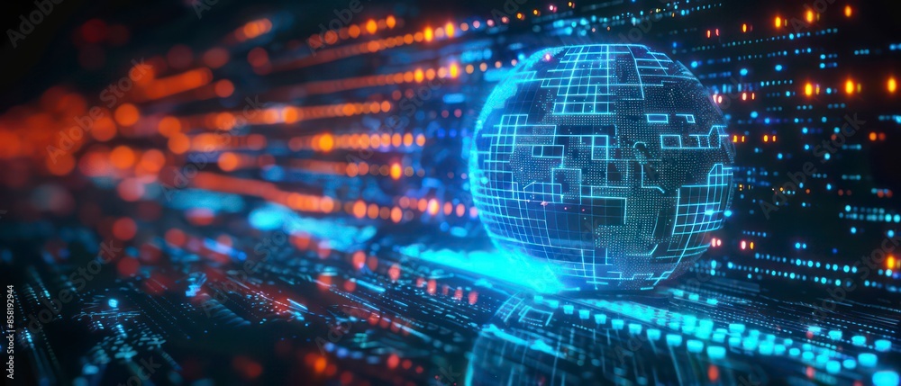 Abstract illustration of cyber security and artificial intelligence, with blue tones and network elements, emphasizing the role of technology in business and science Abstract illustration of cyber security and artificial intelligence, with blue tones and network elements, emphasizing the role of technology in business and science