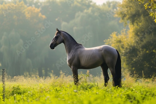 View from side body of a Arabian Horse standing on grass, Awe-inspiring, Full body shot ::2 Side Angle View