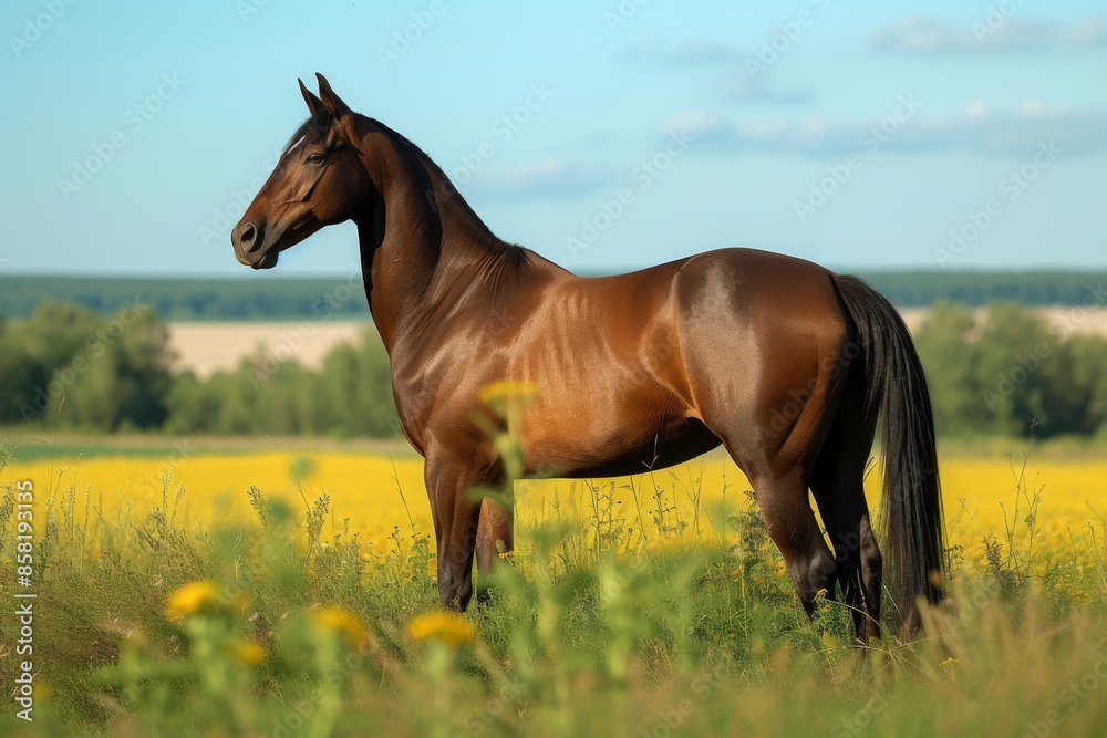 View from side body of a Thoroughbred Horse standing on grass, Awe-inspiring, Full body shot ::2 Side Angle View View from side body of a Thoroughbred Horse standing on grass, Awe-inspiring, Full body shot ::2 Side Angle View