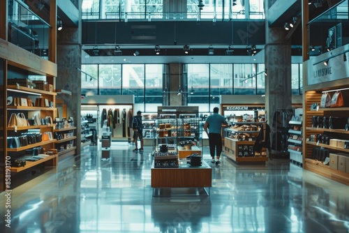 A contemporary shopping mall filled with various stores, bathed in natural light, with shoppers strolling around AIG59 photo