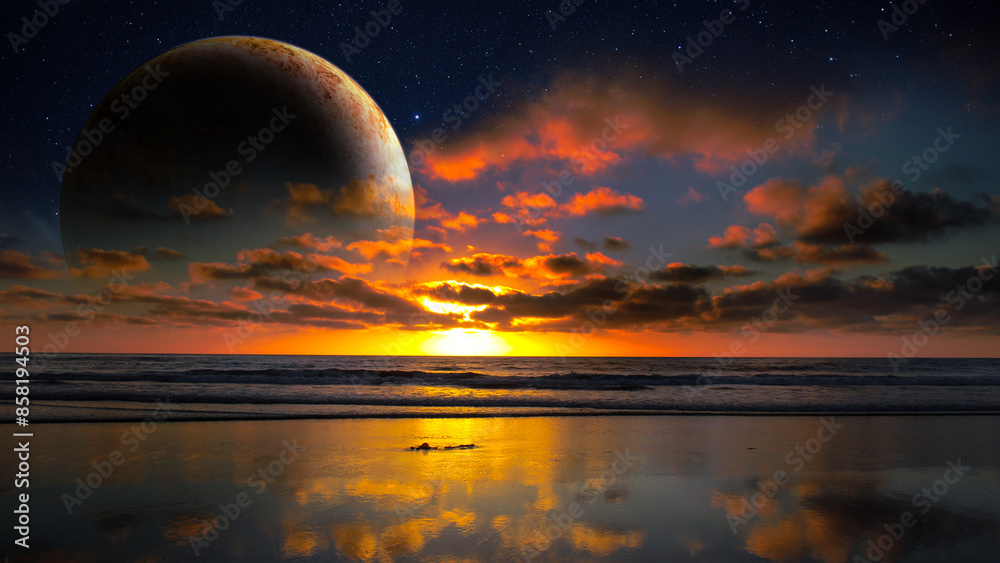 Bright sunset on an alien landscape, beautiful landscape and planet wallpaper for desktop, outer space digital 3d illustration background for pc Bright sunset on an alien landscape, beautiful landscape and planet wallpaper for desktop, outer space digital 3d illustration background for pc