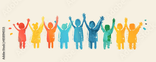 Happy children standing with raising hands in the air. Concept of happy and friendship.