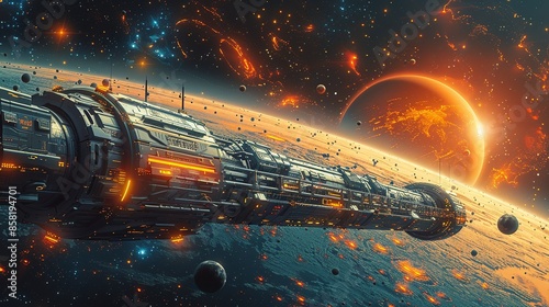 Fototapeta Naklejka Na Ścianę i Meble -  A dynamic, futuristic illustration of a space station orbiting a distant planet, with sleek design and high-tech elements, perfect for sci-fi projects. Illustration, Minimalism,