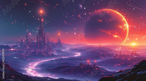 Fototapeta Naklejka Na Ścianę i Meble -  A dynamic, futuristic illustration of a space station orbiting a distant planet, with sleek design and high-tech elements, perfect for sci-fi projects. Illustration, Minimalism,