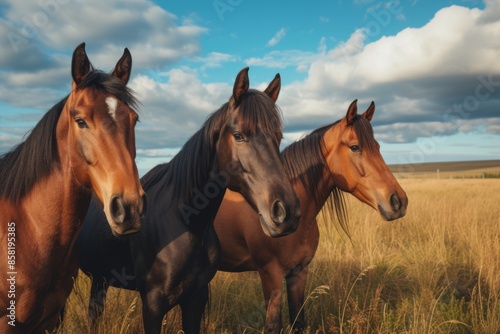 View from side body of a three Thoroughbred Horse standing on grass, Awe-inspiring, Full body shot ::2 Side Angle View