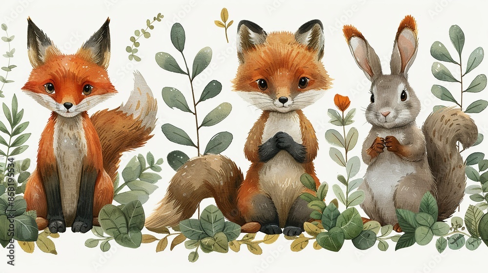 Fototapeta premium A cute, whimsical illustration of woodland creatures, including foxes, rabbits, and squirrels, in a lush forest setting, perfect for children's books and nursery decor. Illustration, Minimalism,