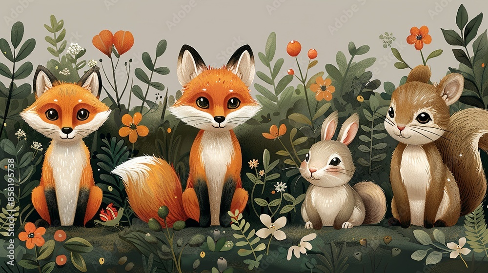 A cute, whimsical illustration of woodland creatures, including foxes, rabbits, and squirrels, in a lush forest setting, perfect for children's books and nursery decor. Illustration, Minimalism,
