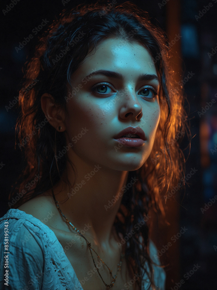 Moody Portrait of a Woman in Dimly Lit Room Moody Portrait of a Woman in Dimly Lit Room