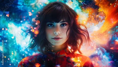 Surreal digital art of a girl merged with vibrant galaxy nebula. Generative AI © Janis