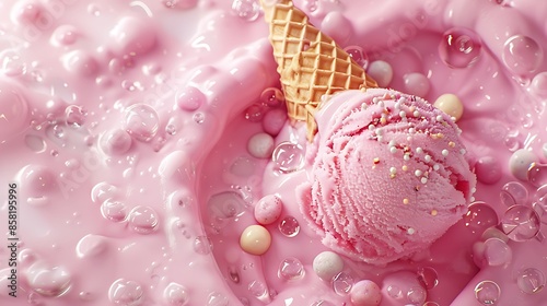 Pink ice cream bubble waffle with candy in top view very detailed and realistic shape photo