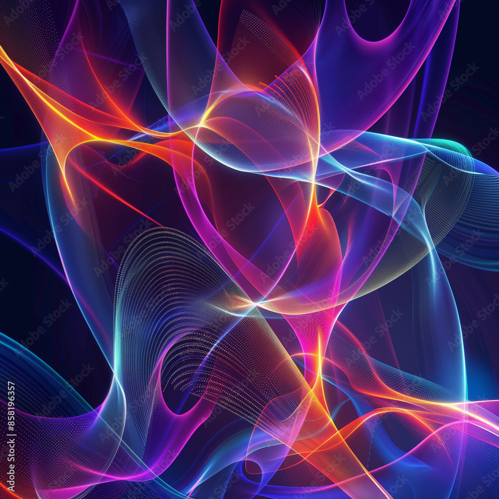 Obraz premium Colorful abstract background with smooth lines and curves that form an otherworldly landscape, glowing neon lights creating dynamic light patterns on a black background