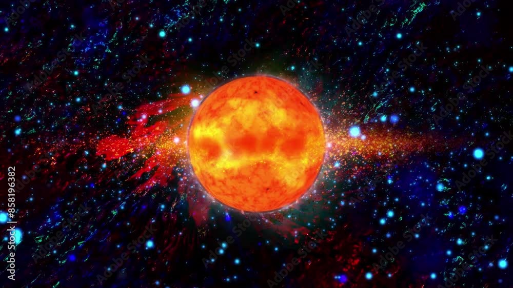 A black hole sucks in a huge, bright planet, emitting energy and light.
