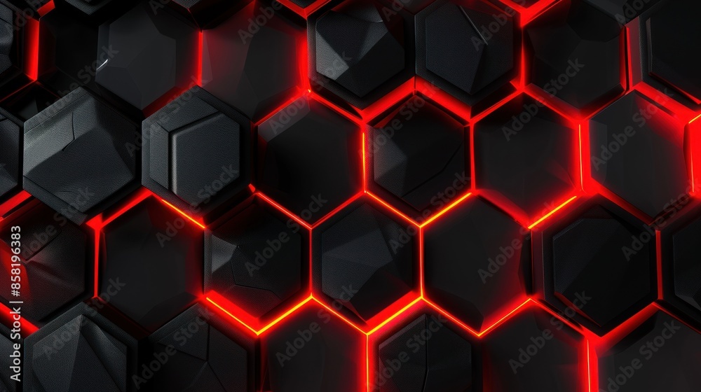 Black Hexagon Pattern with Red Neon Lights