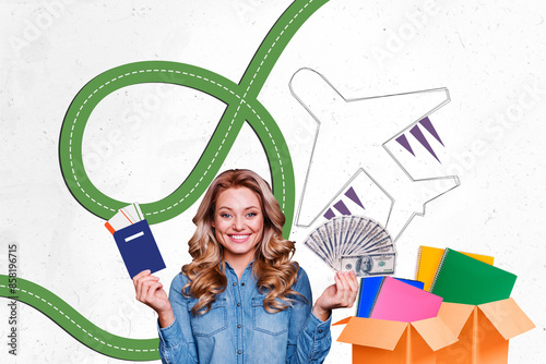 Composite photo collage of happy blonde girl hold passport tickets vacation work supplies plane leaving isolated on painted background photo