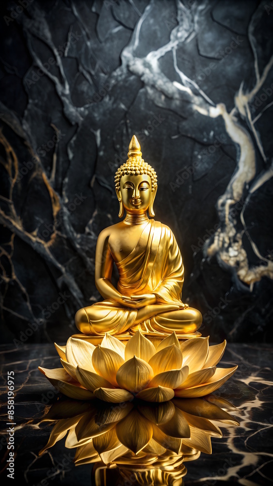 Golden Buddha statue in lotus position on black marble background Golden Buddha statue in lotus position on black marble background