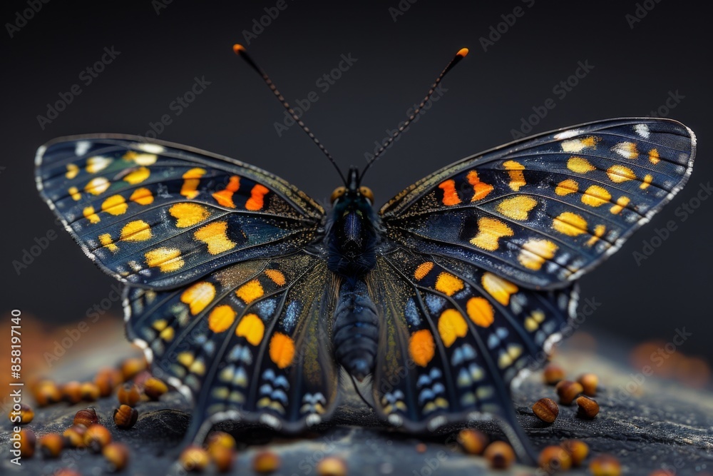 Fototapeta premium Black and Orange Butterfly with intricate Patterns