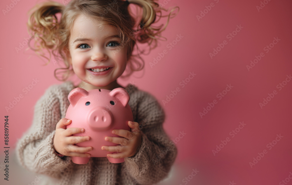 portrait of a beautiful little Caucasian happy girl 5 years old holding a pig piggy bank in her hands portrait of a beautiful little Caucasian happy girl 5 years old holding a pig piggy bank in her hands