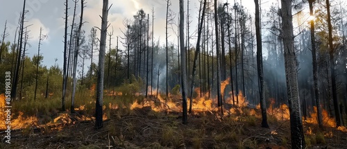 burned fire trees in the forest, with sunlight filtering through fog, highlighting the stark contrast between nature's beauty and destruction
