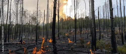 burned fire trees in the forest, with sunlight filtering through fog, highlighting the stark contrast between nature's beauty and destruction photo